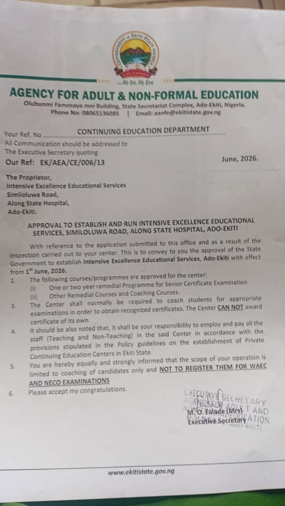 Ekiti State approval for Intensive Excellence Educational Services